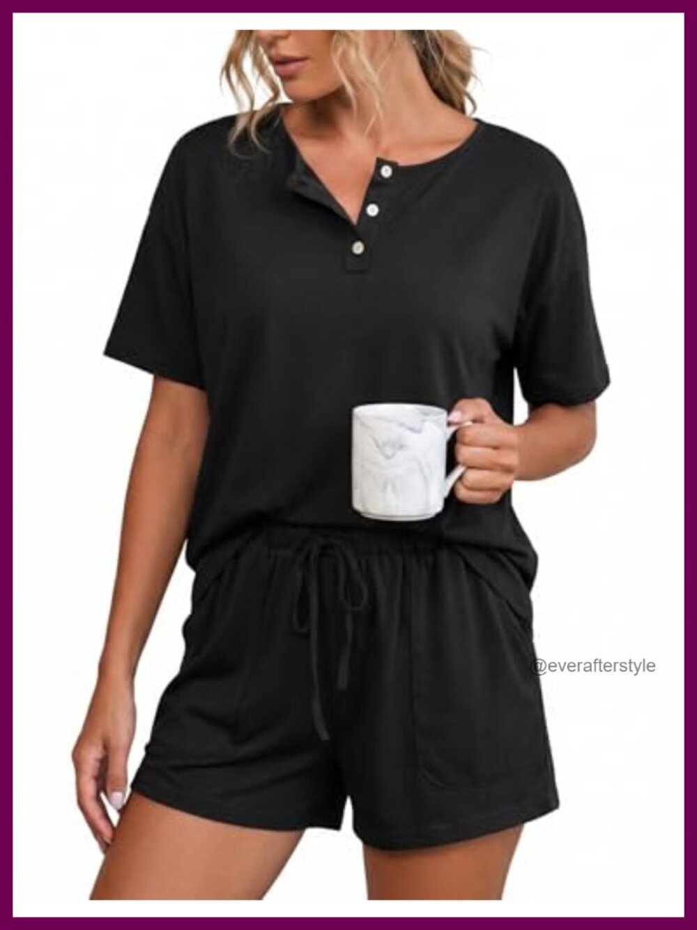 Women's 2 Piece Pajama Set Short Sleeve Henley Top and Shorts with Pockets